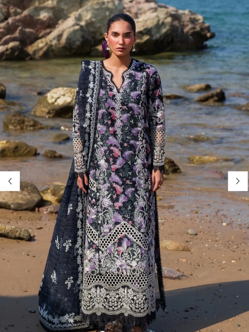 Embroidered Floral Maxi Dress in Navy and Purple